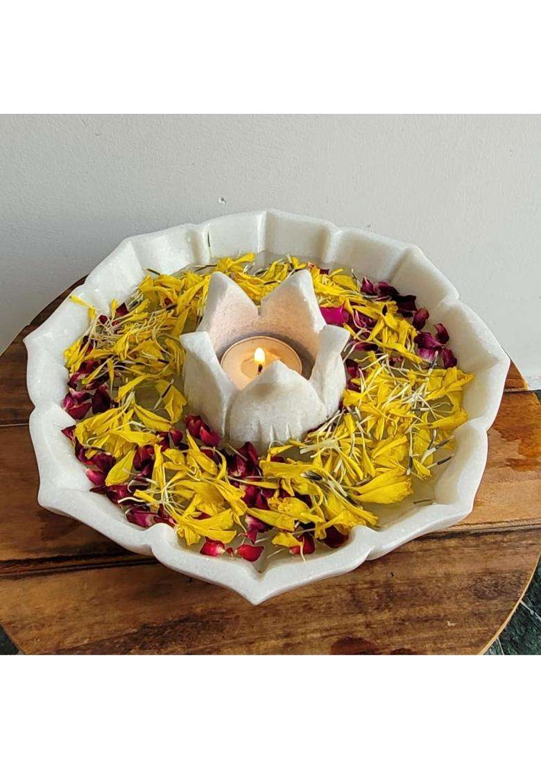 R and M RM White Marble Urli Bowl with Tealight Candle Holder Combo 9 Inch Plus 3 Inch Pack of 2 - Indya