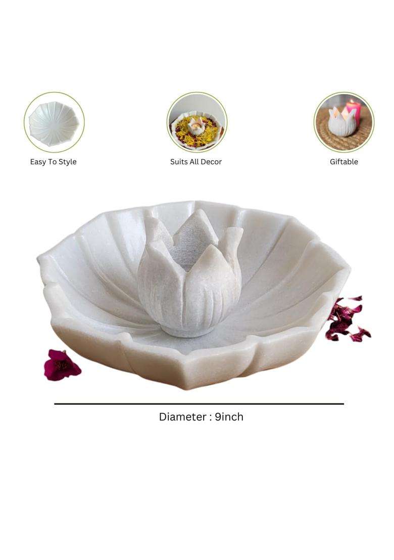 R and M RM White Marble Urli Bowl with Tealight Candle Holder Combo 9 Inch Plus 3 Inch Pack of 2 - Indya