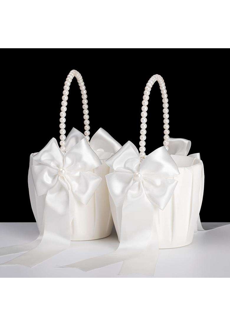 Betaulife S for Wedding Ivory with Pearl Handle Wedding Baskets for Flower Girls Set of 2 - Indya