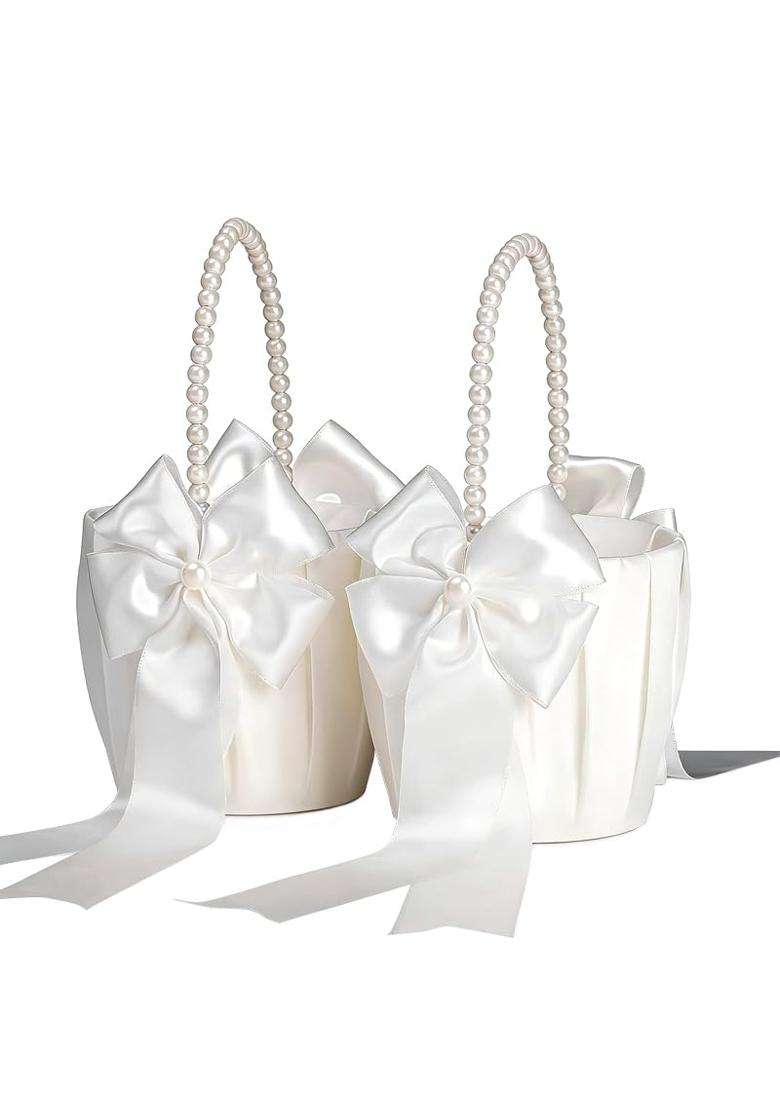 Betaulife S for Wedding Ivory with Pearl Handle Wedding Baskets for Flower Girls Set of 2 - Indya