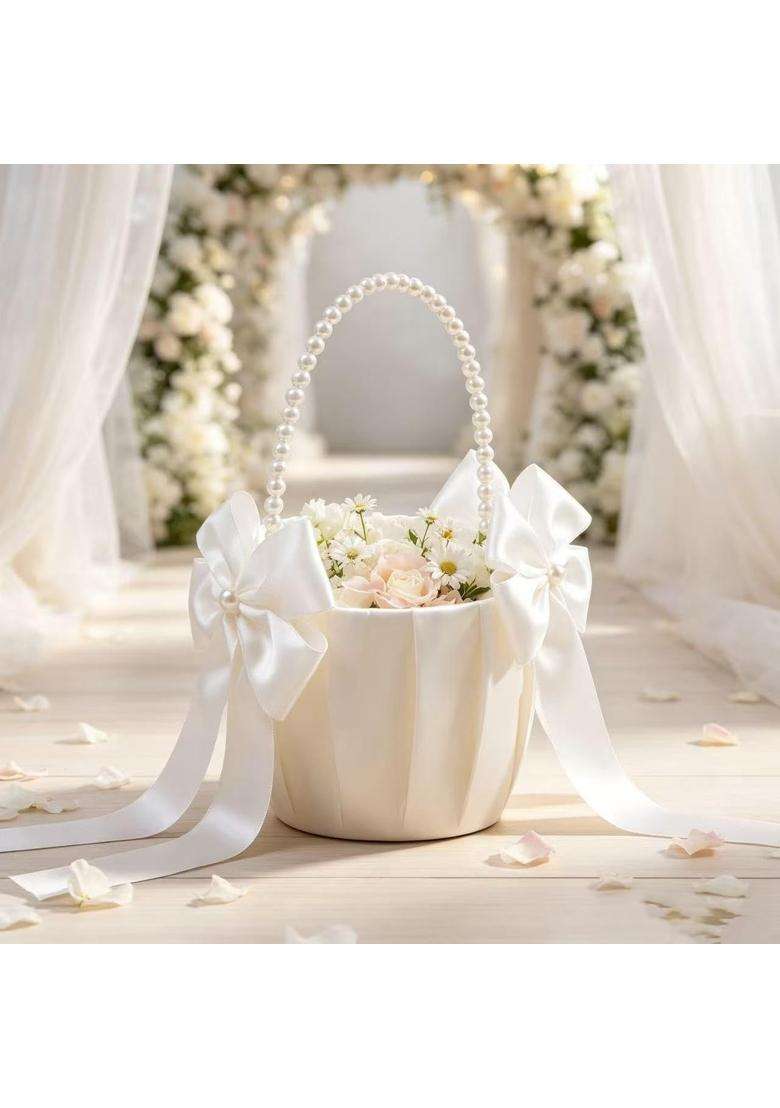 Betaulife S for Wedding Ivory with Pearl Handle Wedding Baskets for Flower Girls Set of 2 - Indya