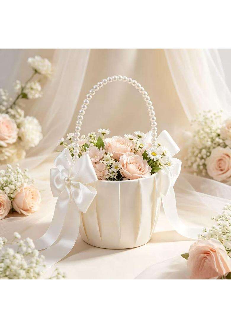 Betaulife S for Wedding Ivory with Pearl Handle Wedding Baskets for Flower Girls Set of 2 - Indya
