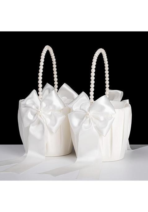 Betaulife S for Wedding Ivory with Pearl Handle Wedding Baskets for Flower Girls Set of 2