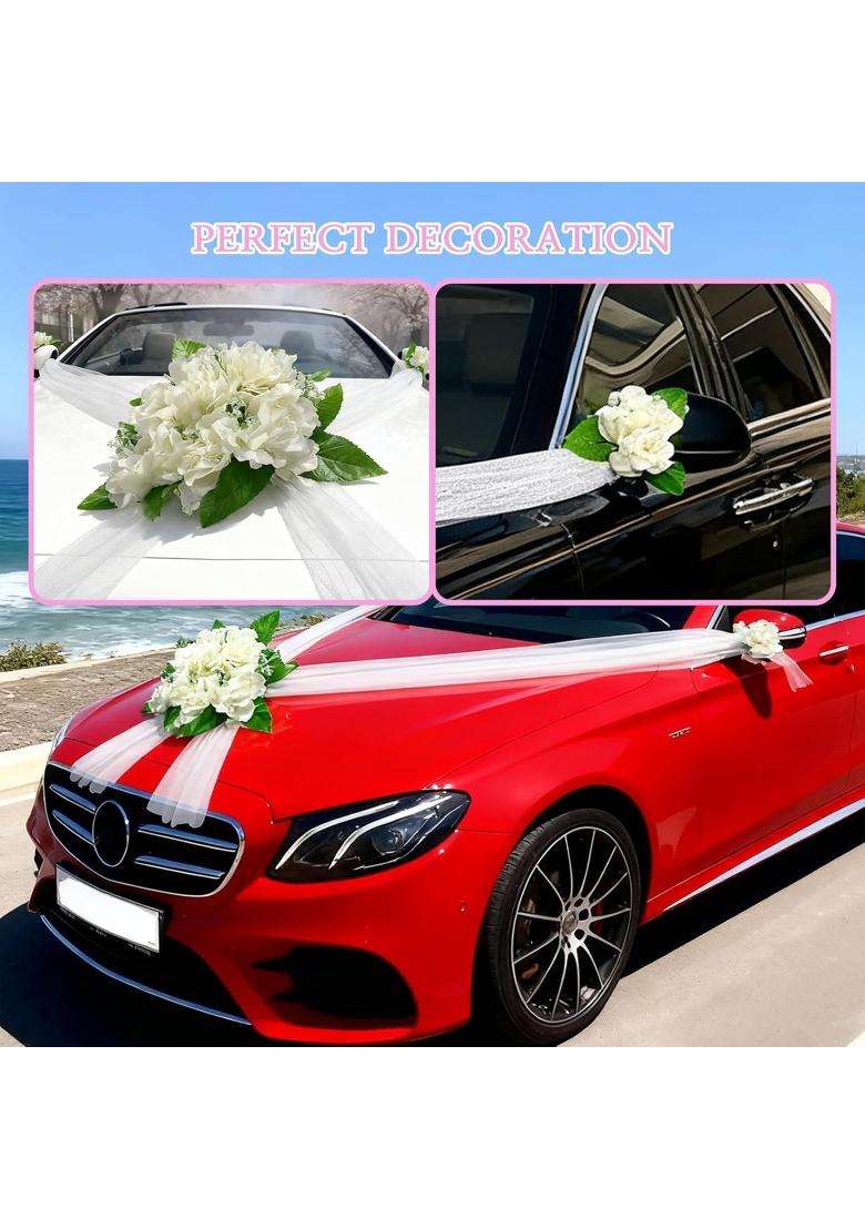 Elektonny White Car Wedding Decorations Kit Flowers Decals for Wedding Car Decorations - Indya