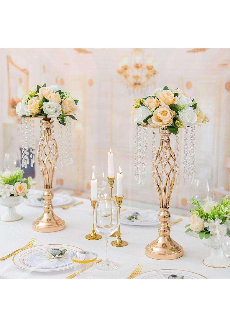 Doykli Crystal Flower Candle Holder Stand Golden Crystal Candle Holder Stand for Table Centerpieces - Indya
