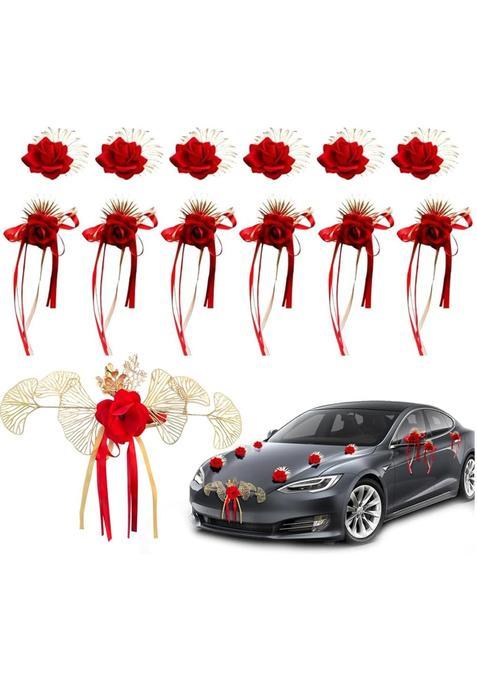 Olizee 13 Pcs Red Wedding Car Decorations Kit Artificial Rose Flowers with Suction Cups and Ribbons for Car