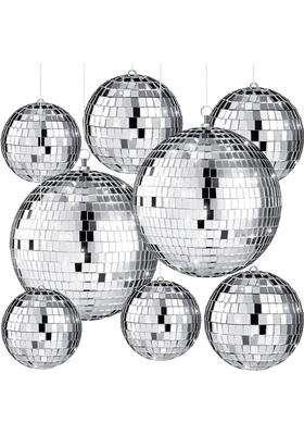 The Decor Affair 8 Pcs Large Silver Disco Ball Set Reflective Mirror Balls with Hanging Rings for Party