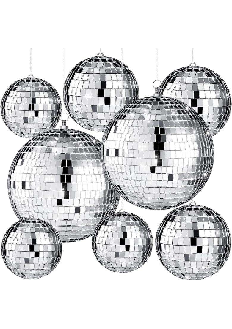 The Decor Affair 8 Pcs Large Silver Disco Ball Set Reflective Mirror Balls with Hanging Rings for Party - Indya