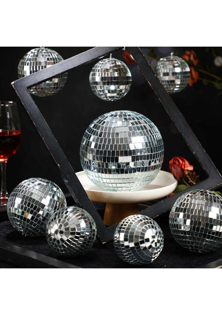 The Decor Affair 8 Pcs Large Silver Disco Ball Set Reflective Mirror Balls with Hanging Rings for Party - Indya