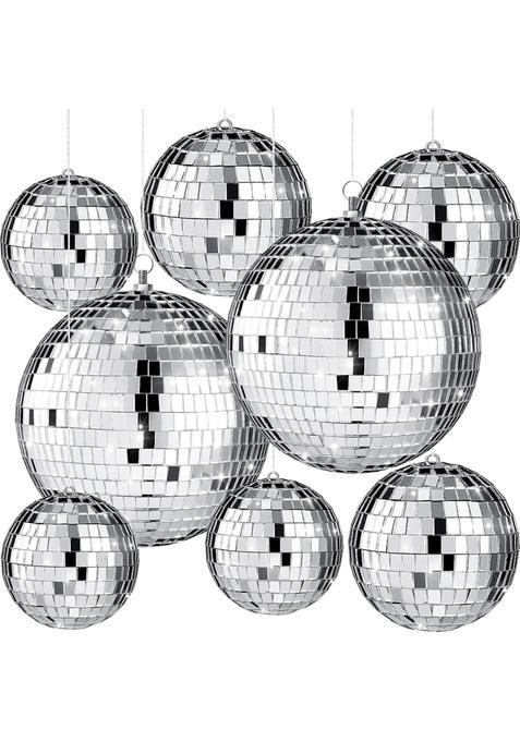 The Decor Affair 8 Pcs Large Silver Disco Ball Set Reflective Mirror Balls with Hanging Rings for Party
