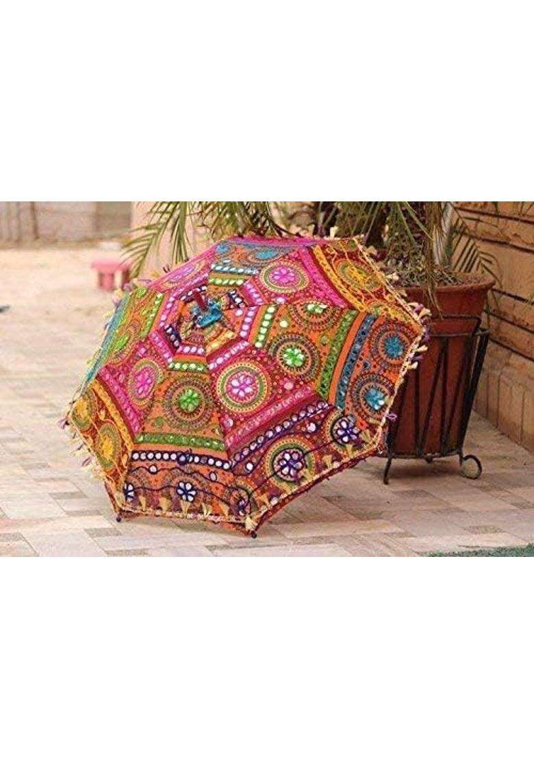MSAG Multicolor Traditional Rajasthani Decorative Umbrella Handcrafted with Embroidery and Mirror Work - Indya