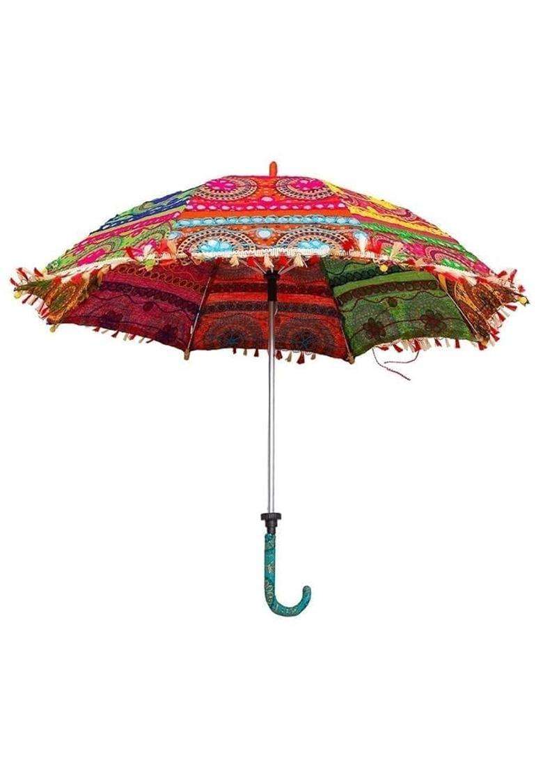 MSAG Multicolor Traditional Rajasthani Decorative Umbrella Handcrafted with Embroidery and Mirror Work - Indya