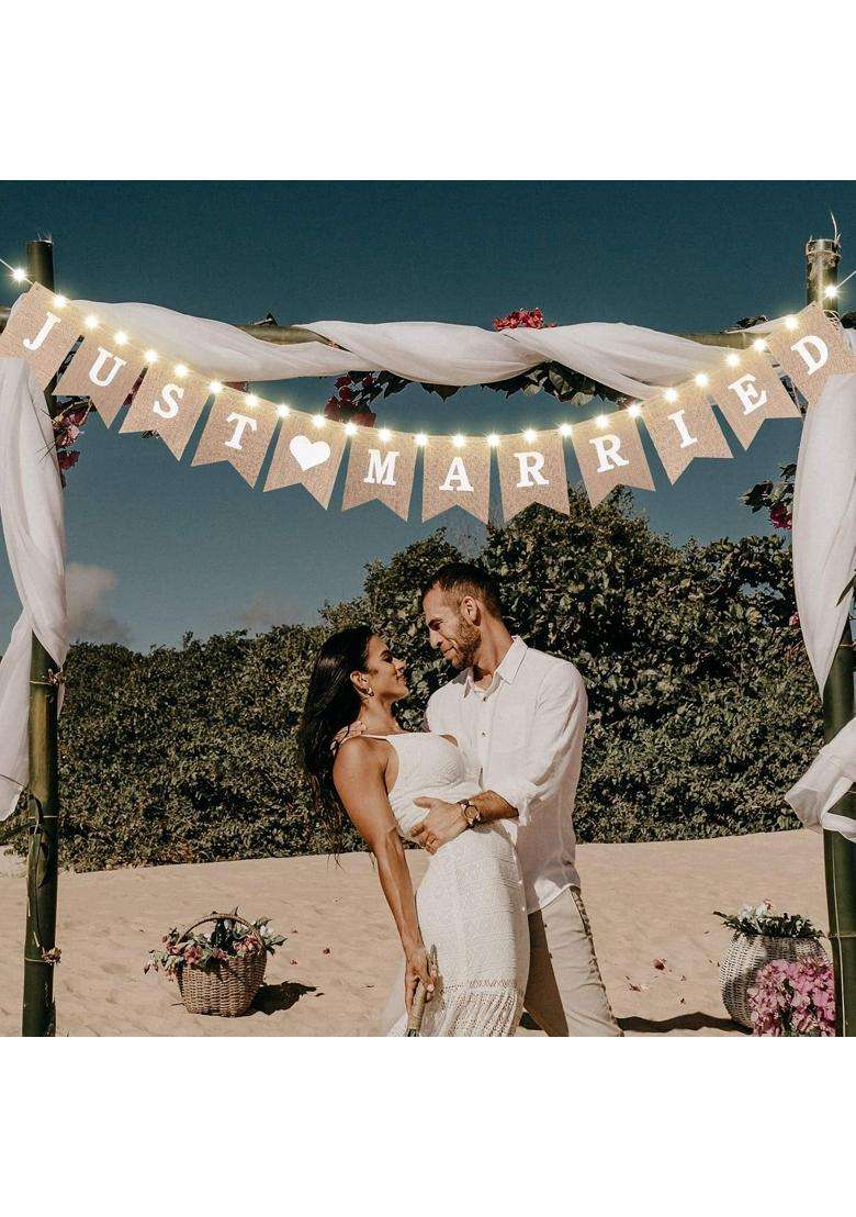 Mudder Just Married Burlap Banner Wedding Bunting Banner with LED Fairy String Light 8 Flicker Mode - Indya