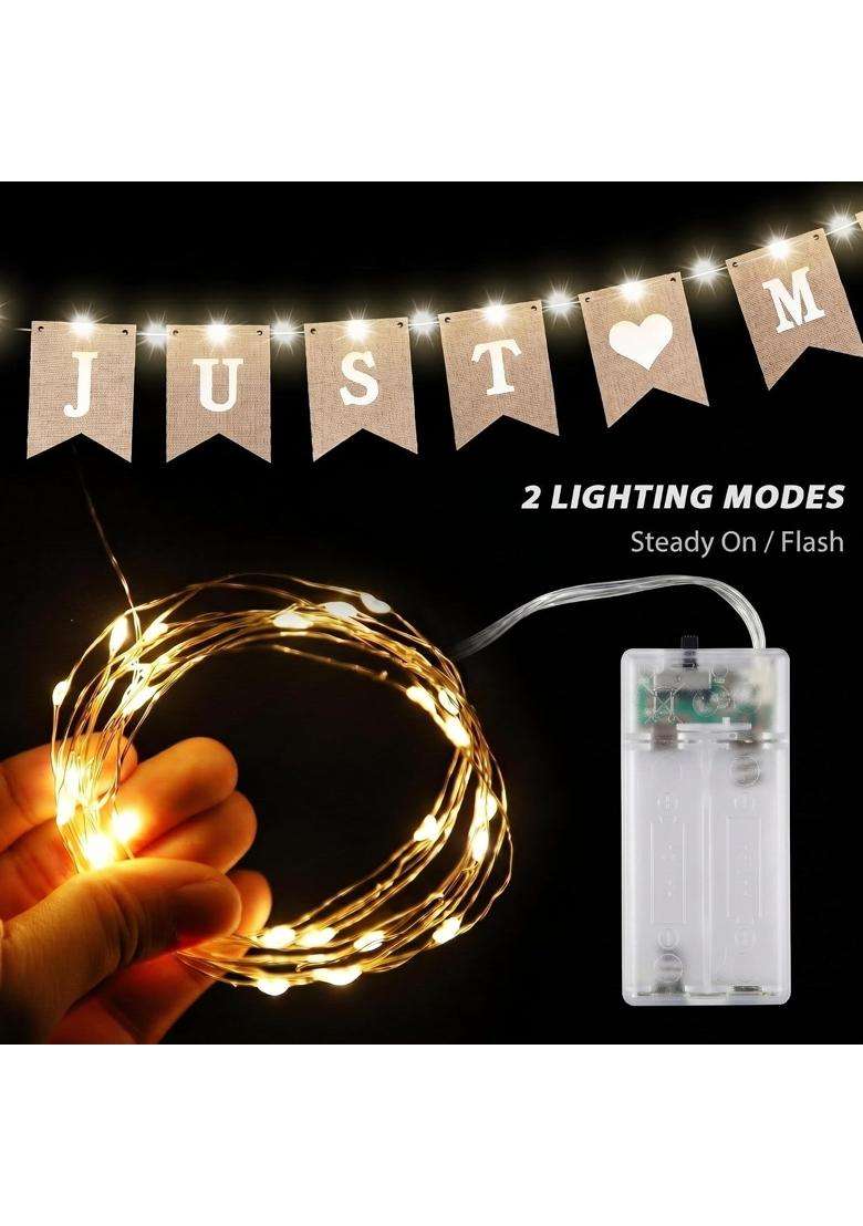 Mudder Just Married Burlap Banner Wedding Bunting Banner with LED Fairy String Light 8 Flicker Mode - Indya