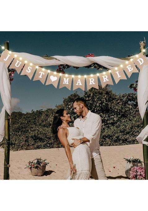 Mudder Just Married Burlap Banner Wedding Bunting Banner with LED Fairy String Light 8 Flicker Mode