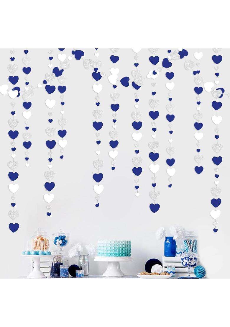 Pink Blume 52 Ft Navy Blue Silver Love Heart Garlands Silver Royal Blue Hanging Streamer Banners - Indya