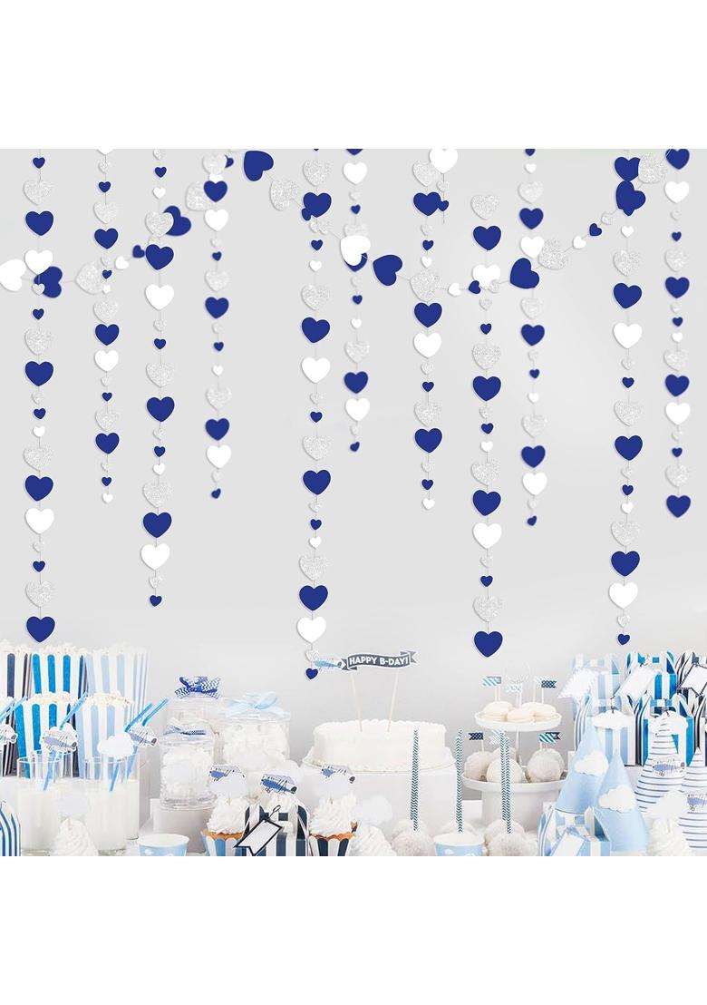 Pink Blume 52 Ft Navy Blue Silver Love Heart Garlands Silver Royal Blue Hanging Streamer Banners - Indya
