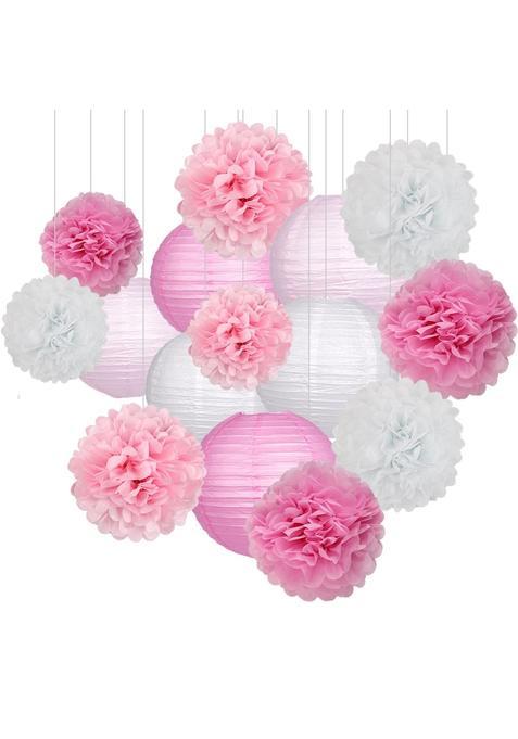Zilue 15Pcs Party Pack Paper Lanterns and Pom Balls Hanging Decoration for Wedding Birthday Baby Shower Pink