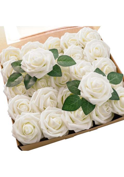Floroom Artificial Flowers 25Pcs Real Looking Ivory Fake Roses with Stems for DIY Bouquets White Bridal Shower