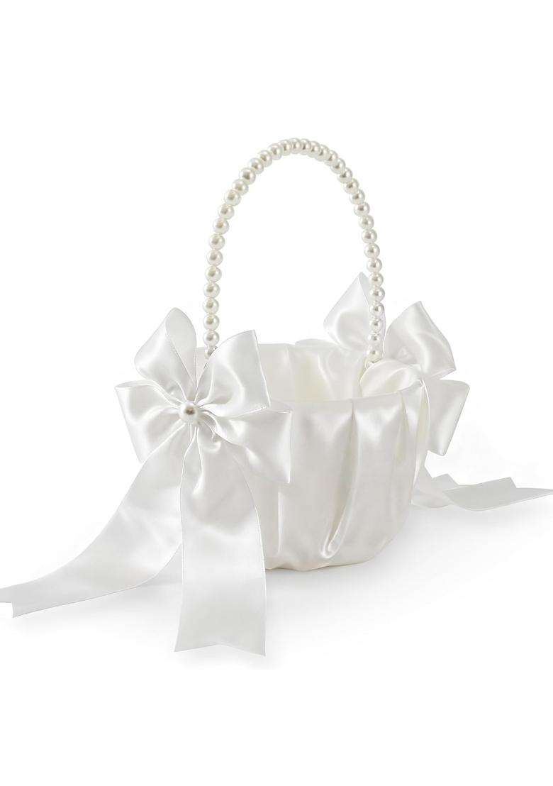 Happyiren Wedding Flower Girl Basket Elegant Pearl Handle with Bow Decoration Ivory Color 5 Point 1 Diameter - Indya