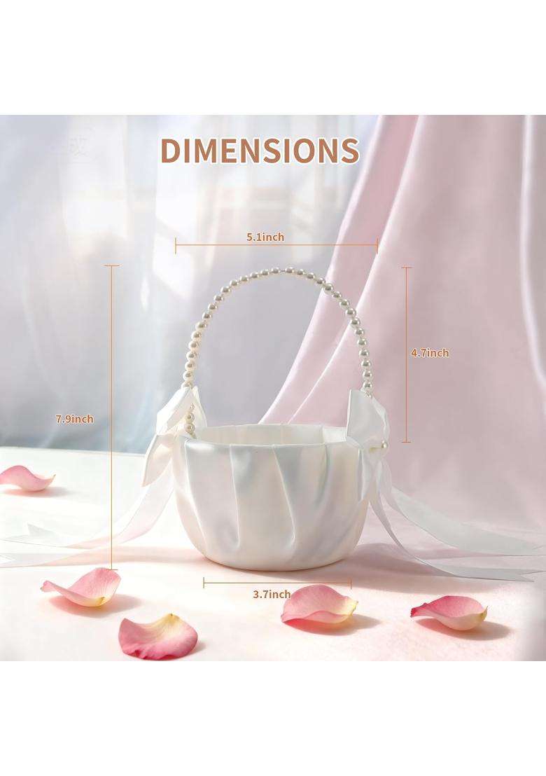 Happyiren Wedding Flower Girl Basket Elegant Pearl Handle with Bow Decoration Ivory Color 5 Point 1 Diameter - Indya