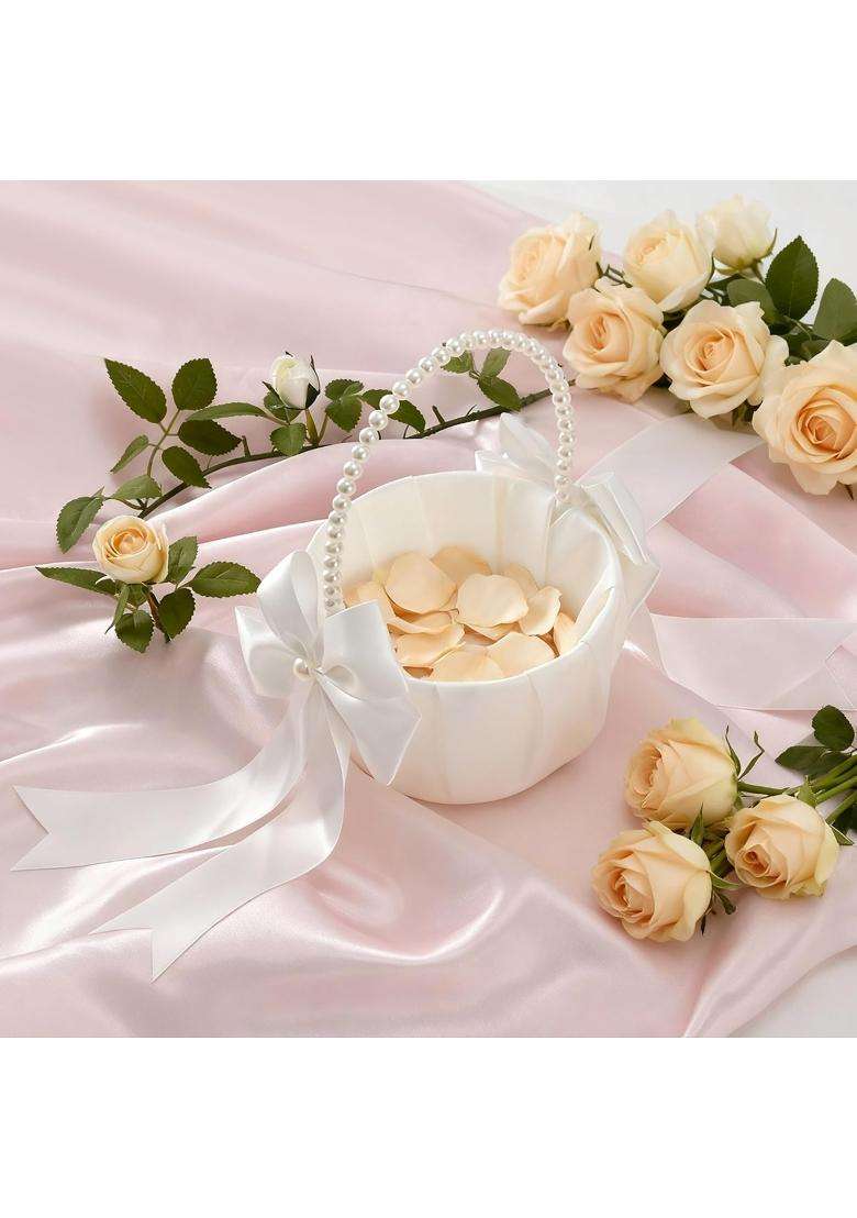 Happyiren Wedding Flower Girl Basket Elegant Pearl Handle with Bow Decoration Ivory Color 5 Point 1 Diameter - Indya