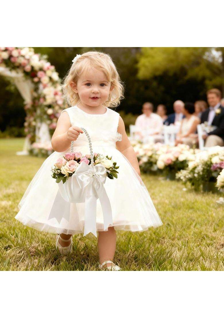 Happyiren Wedding Flower Girl Basket Elegant Pearl Handle with Bow Decoration Ivory Color 5 Point 1 Diameter - Indya