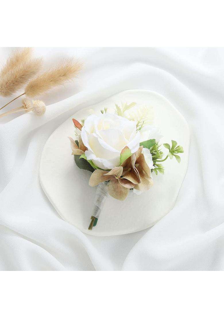 Latious Wedding Flower Boutonniere White Groom Rose Buttonholes Mens Boutineer Party Suit Decoration Prom - Indya