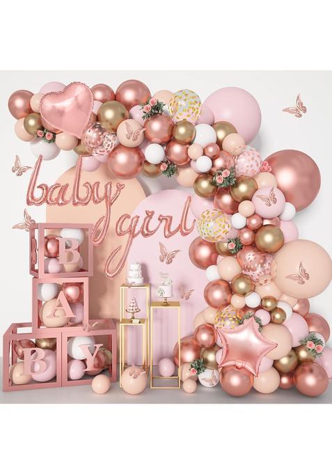 Amandir 135Pcs Rose Gold Balloons Girls Baby Shower Decorations Baby Boxes Butterfly Sticker Balloon Garland