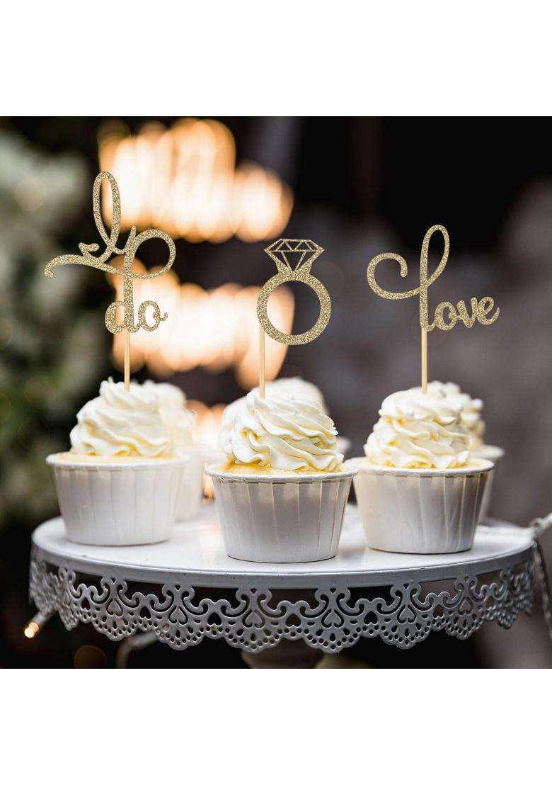 Donoter 48 Pcs Gold Glitter Diamond Ring Love I Do Cupcake Topper Picks for Wedding Engagement Party Cake - Indya