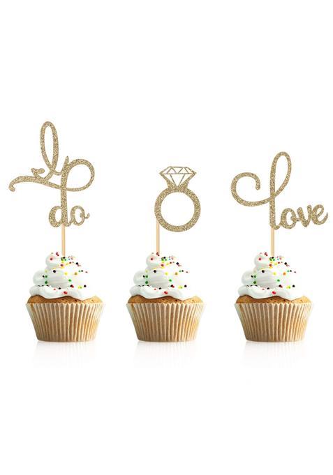 Donoter 48 Pcs Gold Glitter Diamond Ring Love I Do Cupcake Topper Picks for Wedding Engagement Party Cake