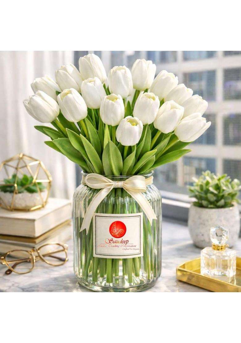 Elikraft 50 Pcs Artificial White Tulip Flowers Bunch 34CM for Vase Decor - Indya