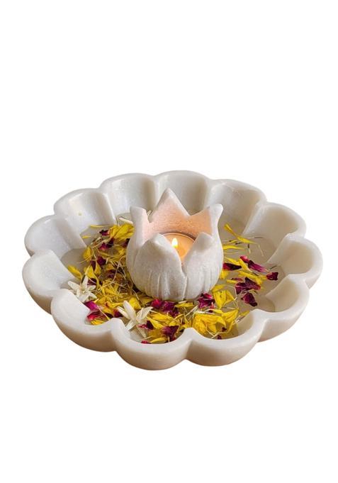 R and M RM Marble Flower Shaped Utility Bowl with Candle Holder