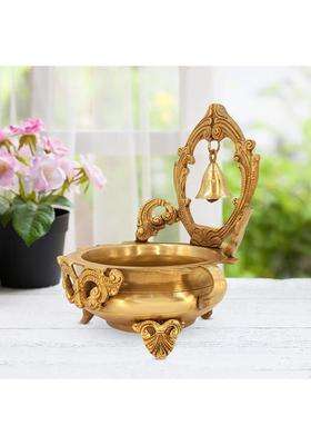 Artvarko Gold Brass Designer Ethnic Carved Decorative Urli Bowl with Bell for Floating Flowers and Tea Light