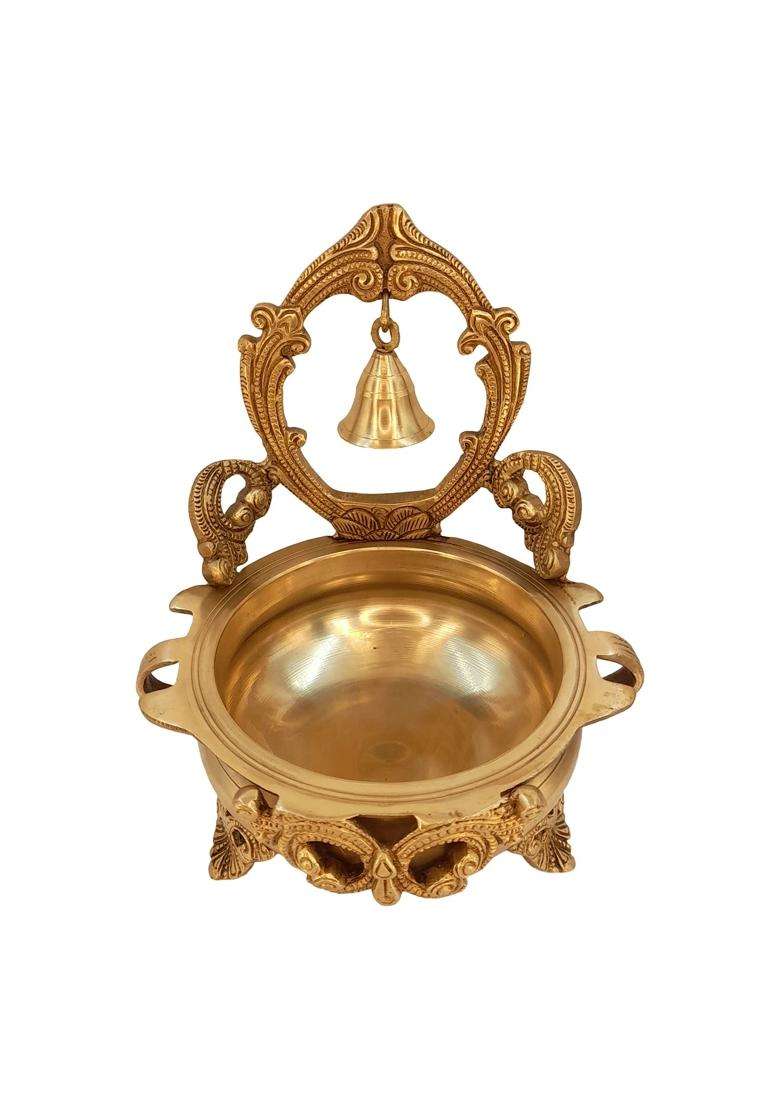 Artvarko Gold Brass Designer Ethnic Carved Decorative Urli Bowl with Bell for Floating Flowers and Tea Light - Indya
