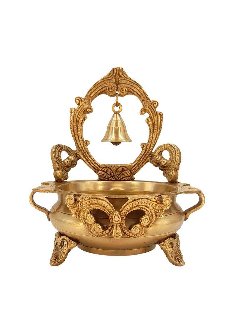 Artvarko Gold Brass Designer Ethnic Carved Decorative Urli Bowl with Bell for Floating Flowers and Tea Light - Indya