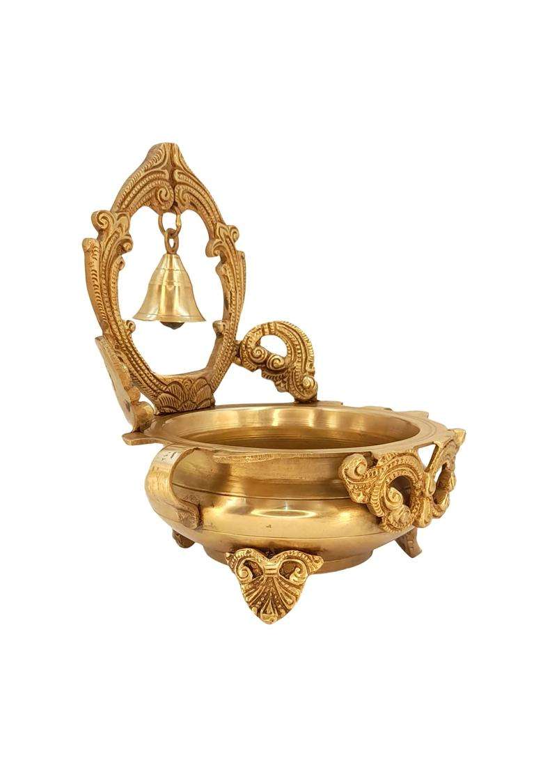Artvarko Gold Brass Designer Ethnic Carved Decorative Urli Bowl with Bell for Floating Flowers and Tea Light - Indya
