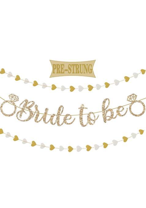 Vintend Pre Strung Bride to Be Banner Gold Glitter Banner Sign with 13Ft Heart Streamers Garland