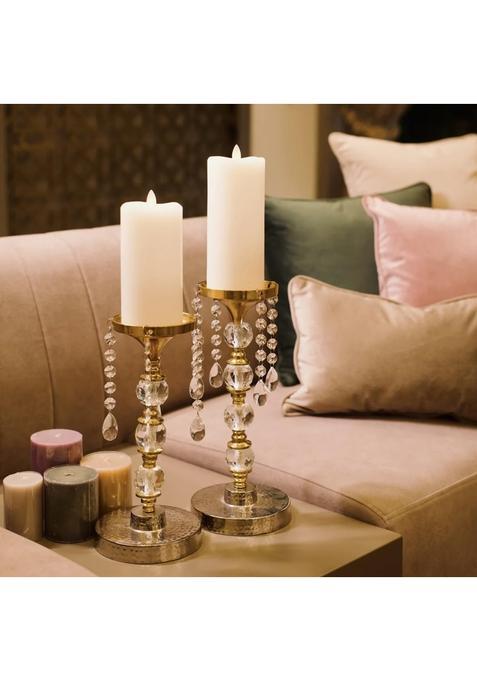 ZOVE Luxury Crystal and Gold Pillar Candle Holders Decorative Candle Stands with Hanging Glass Set of 2