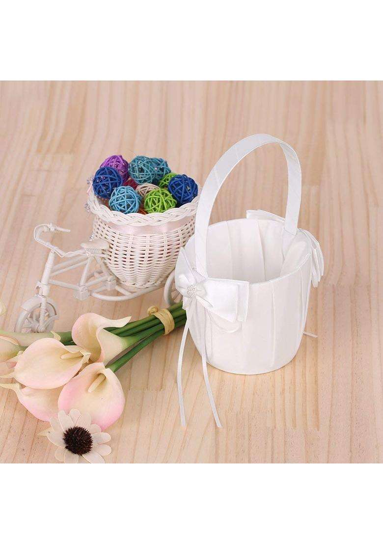 Decdeal Ivory Satin Wedding Flower Basket with Bowknot Decoration Wedding Supplies White - Indya