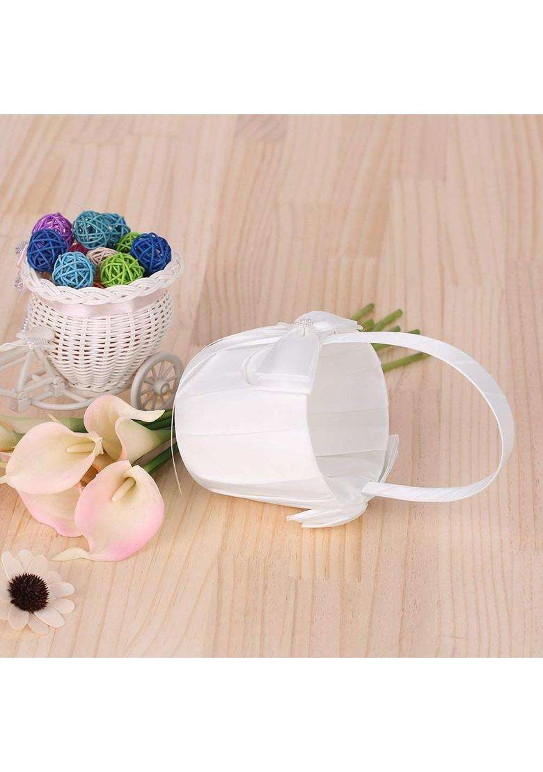 Decdeal Ivory Satin Wedding Flower Basket with Bowknot Decoration Wedding Supplies White - Indya