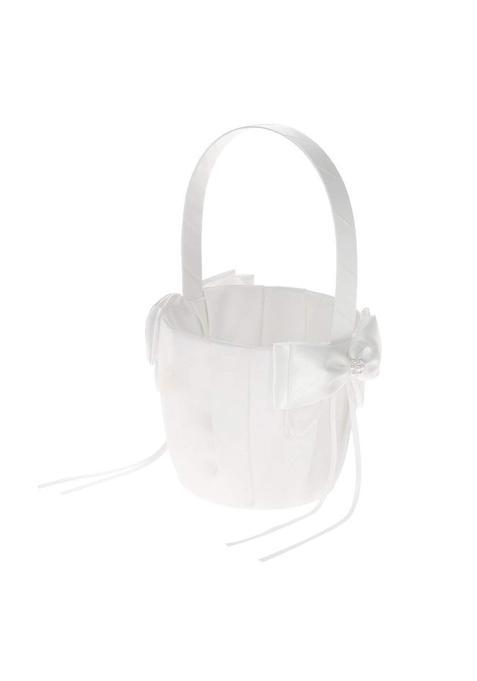 Decdeal Ivory Satin Wedding Flower Basket with Bowknot Decoration Wedding Supplies White