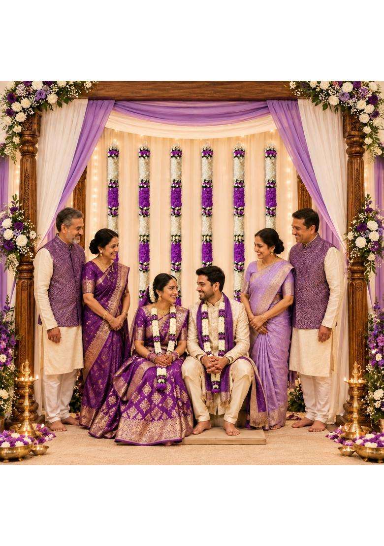 Tia Crafts Artificial Flowers for Decoration Hanging White Jasmine Gajra and Purple Flower Strings Set of 12 - Indya