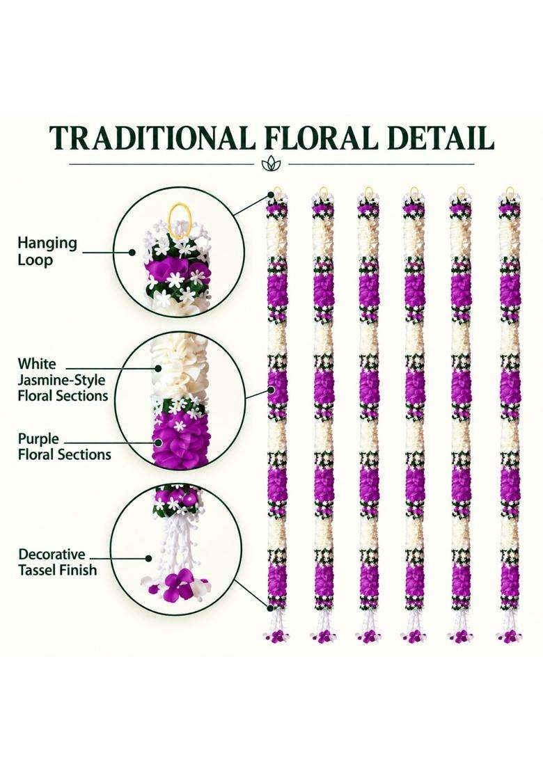 Tia Crafts Artificial Flowers for Decoration Hanging White Jasmine Gajra and Purple Flower Strings Set of 12 - Indya