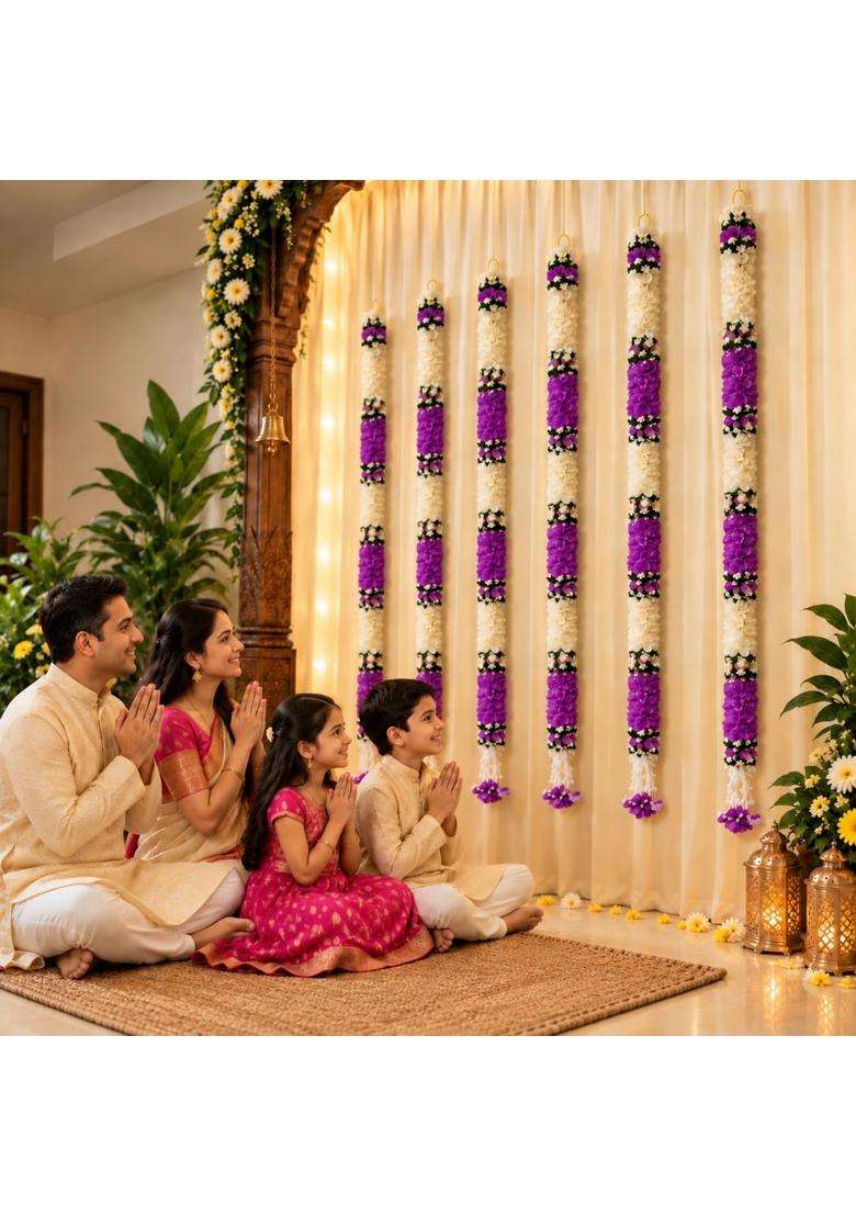 Tia Crafts Artificial Flowers for Decoration Hanging White Jasmine Gajra and Purple Flower Strings Set of 12 - Indya