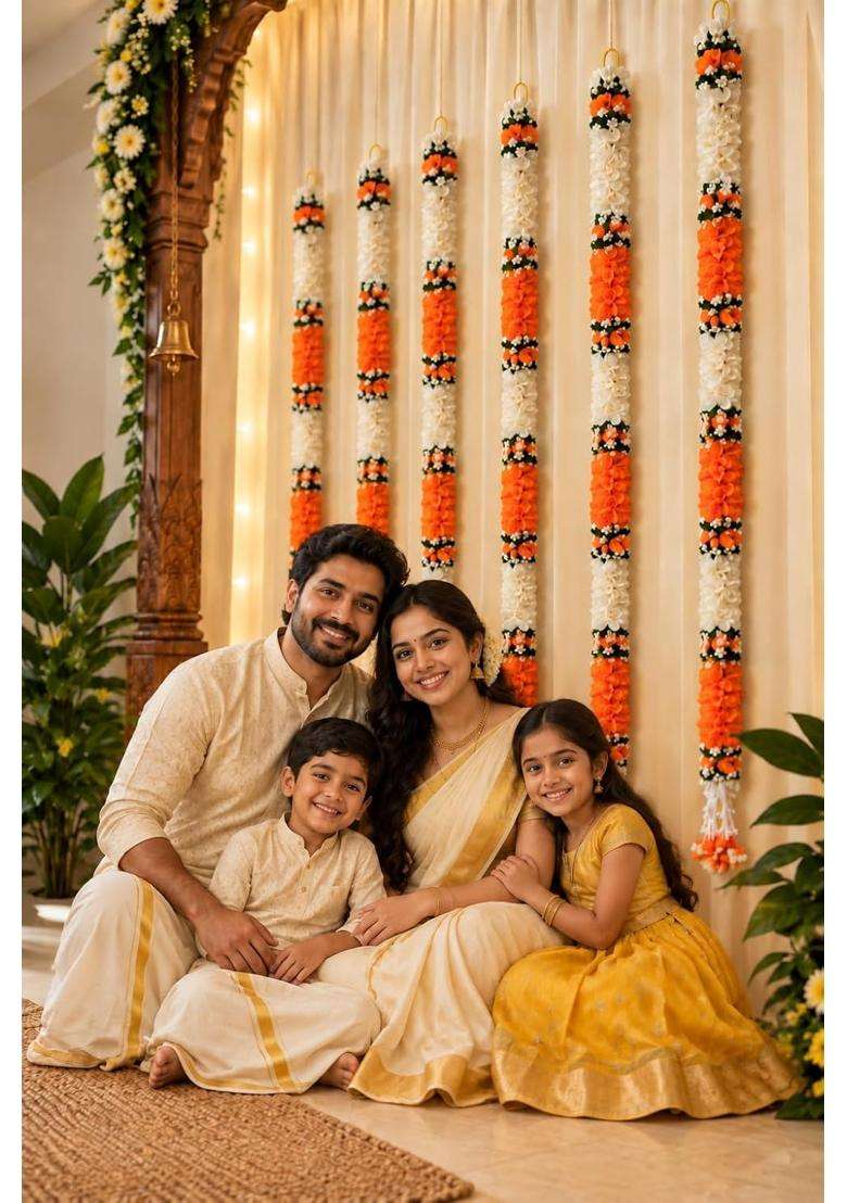 Tia Crafts Artificial Flowers for Decoration Hanging White Jasmine Gajra and Orange Flower Strings Set of 12 - Indya