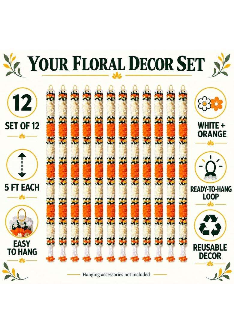 Tia Crafts Artificial Flowers for Decoration Hanging White Jasmine Gajra and Orange Flower Strings Set of 12 - Indya