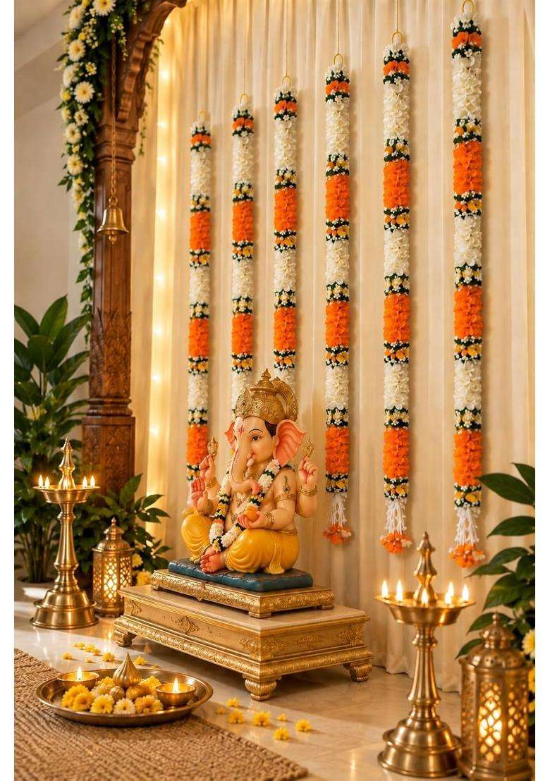 Tia Crafts Artificial Flowers for Decoration Hanging White Jasmine Gajra and Orange Flower Strings Set of 12 - Indya