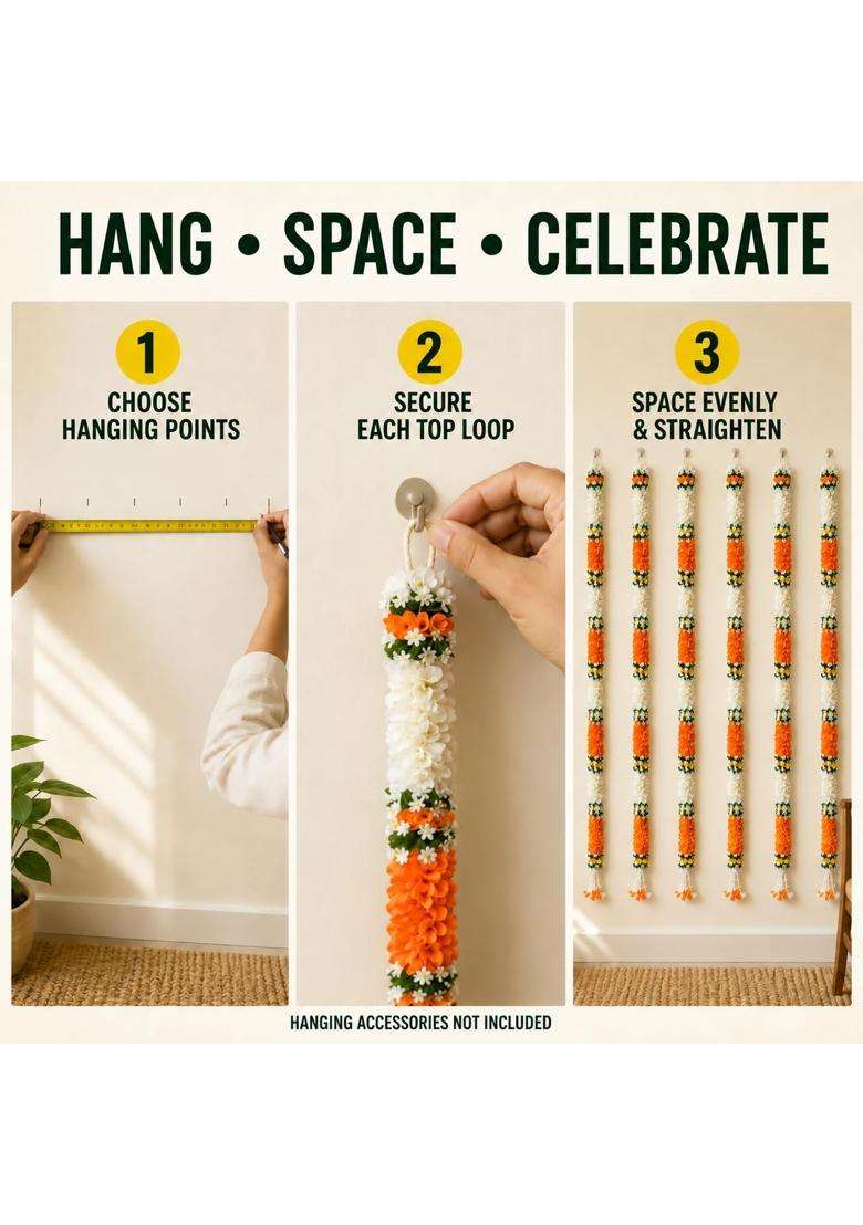 Tia Crafts Artificial Flowers for Decoration Hanging White Jasmine Gajra and Orange Flower Strings Set of 12 - Indya