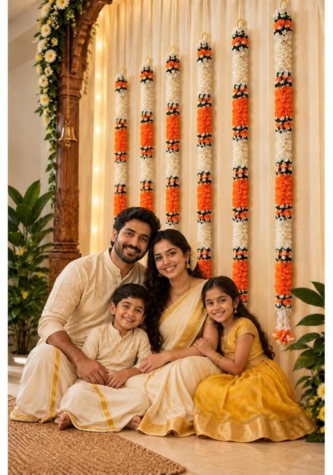 Tia Crafts Artificial Flowers for Decoration Hanging White Jasmine Gajra and Orange Flower Strings Set of 12